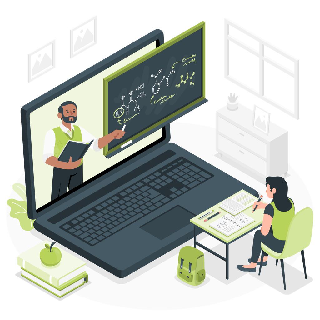 An animation showing a teacher tutoring through screen to a student sitting on desk